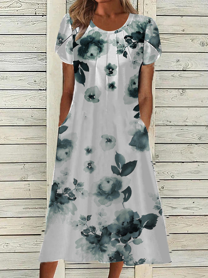 Women Printed Round Neck Short Sleeve Dress