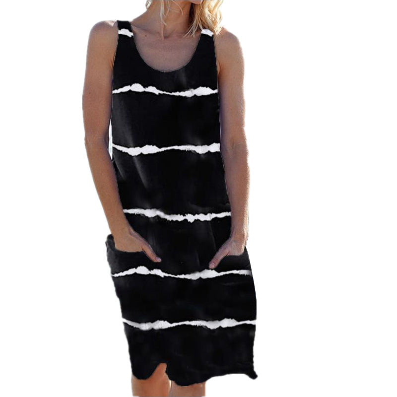 Crew Neck Striped Pocket Tank Dress