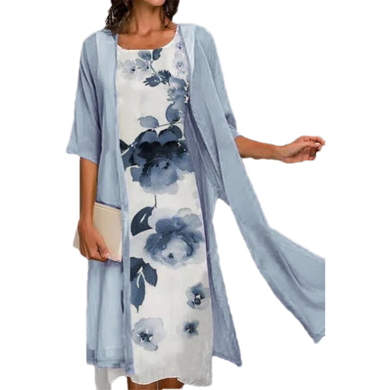 Women 2-Piece Printed Round Neck Slim Dress