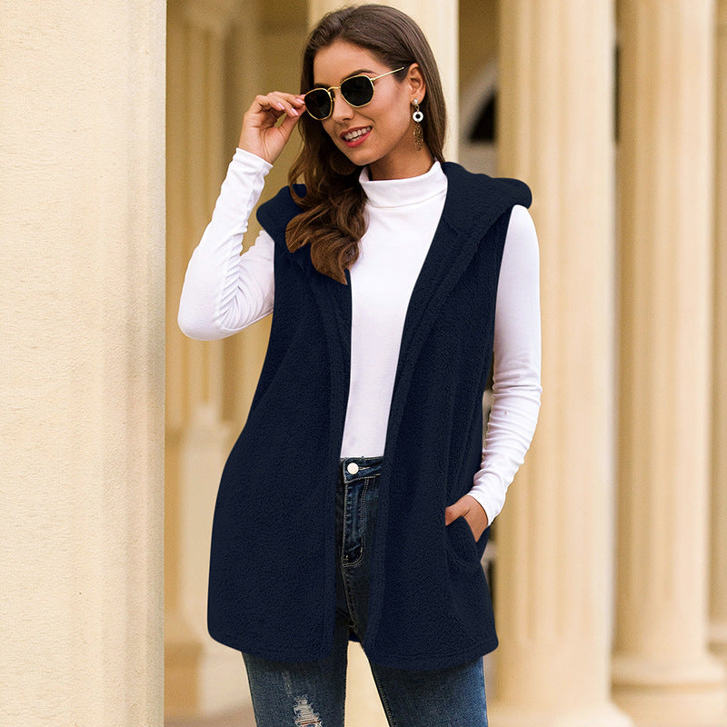Women's Long Hooded Vest Plush Jacket