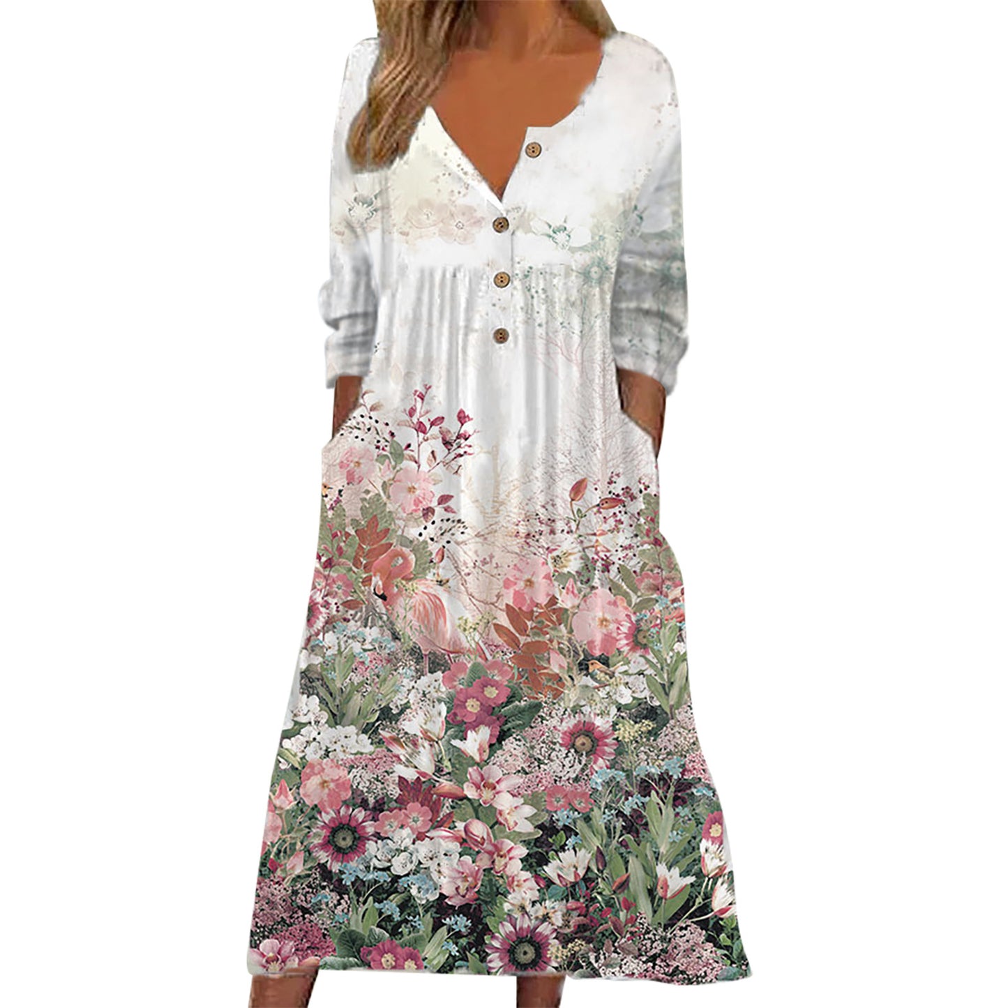 Women Long Sleeve V Neck Print Dress