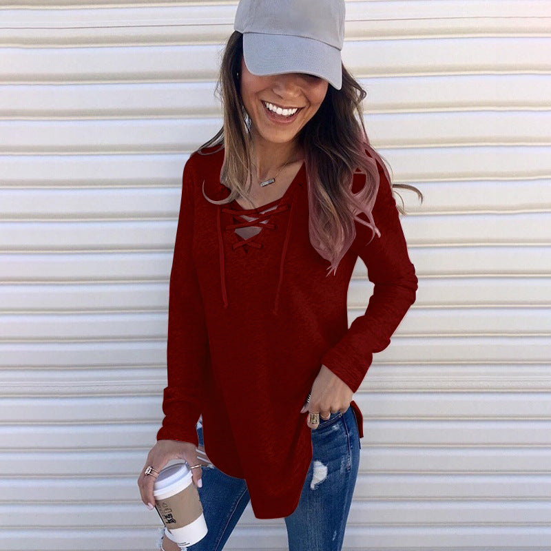 Women's Solid Color V-neck Strapped Loose Top T-shirt
