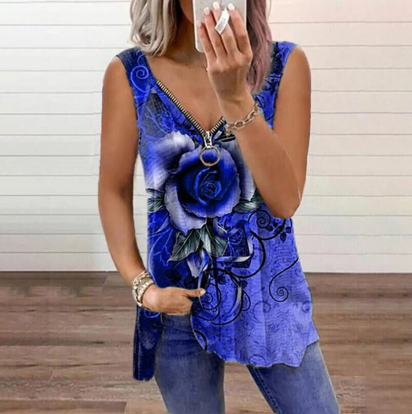 Women's V-Neck Zip Rose Print Casual Tank