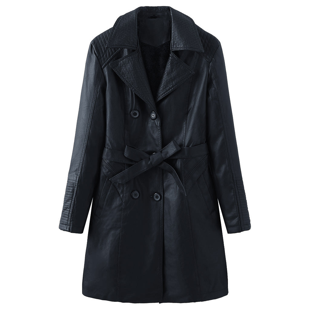 Women's Mid-length Plus Velvet Leather Jacket With Lapel
