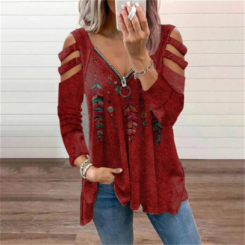 Women's Zip Pullover Long Sleeve Loose T-Shirt