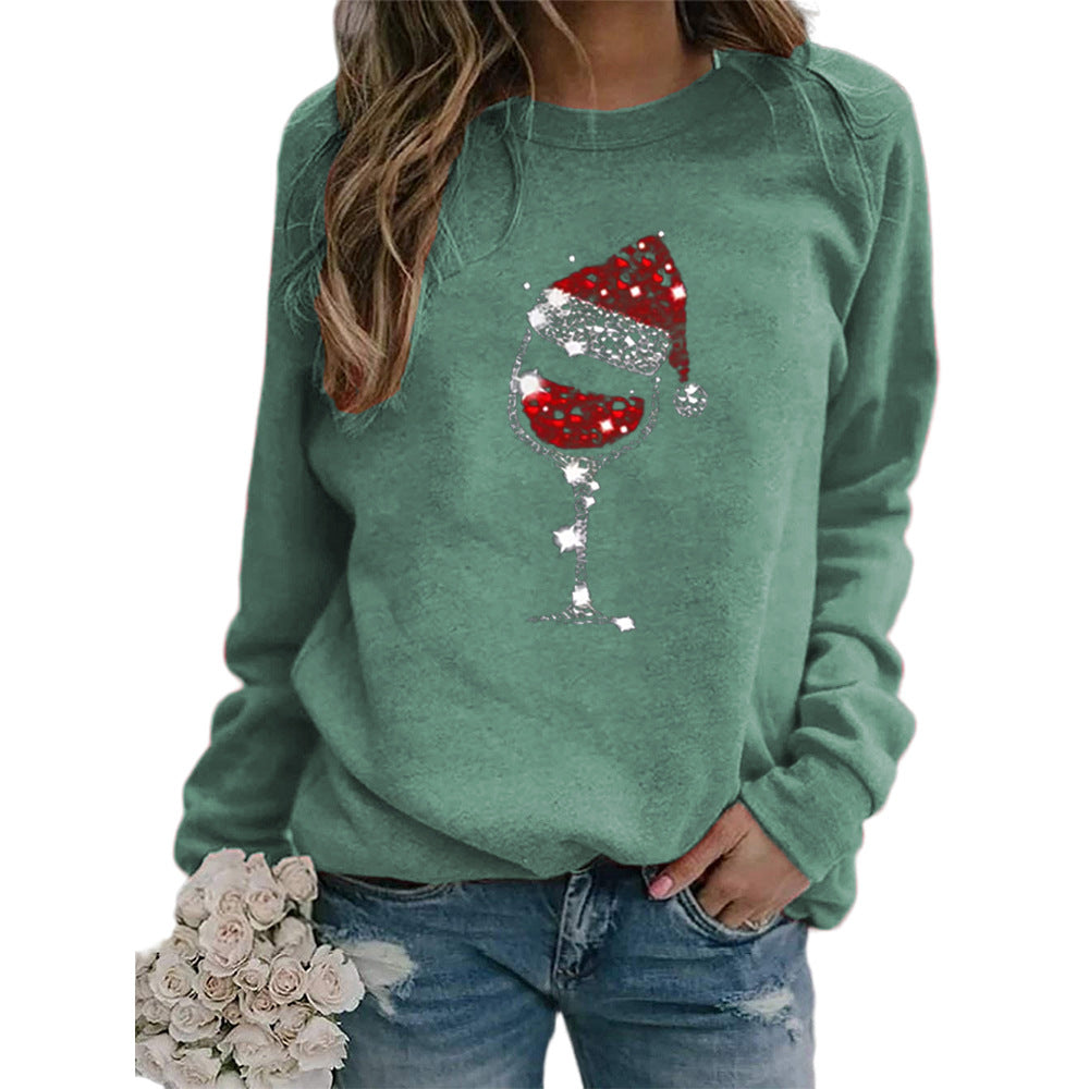 Woman Christmas Hat Red Wine Glass Print Long Sleeve Top