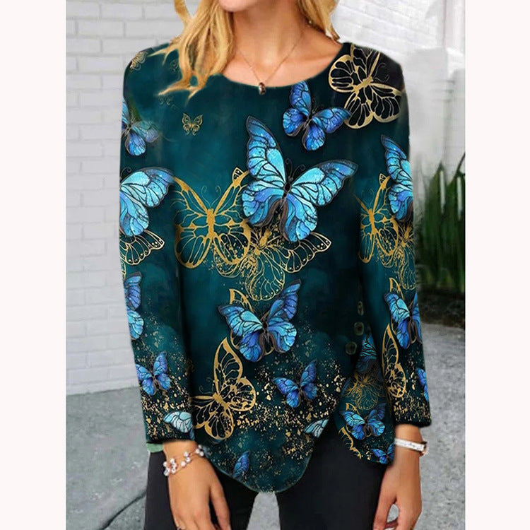 Woman Butterfly Hem Button Irregular Long-sleeved T-shirt