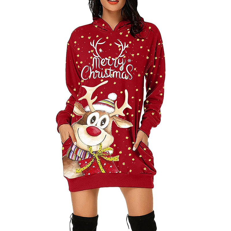 Merry Christmas Hoodie Dress Christmas Deer Dress