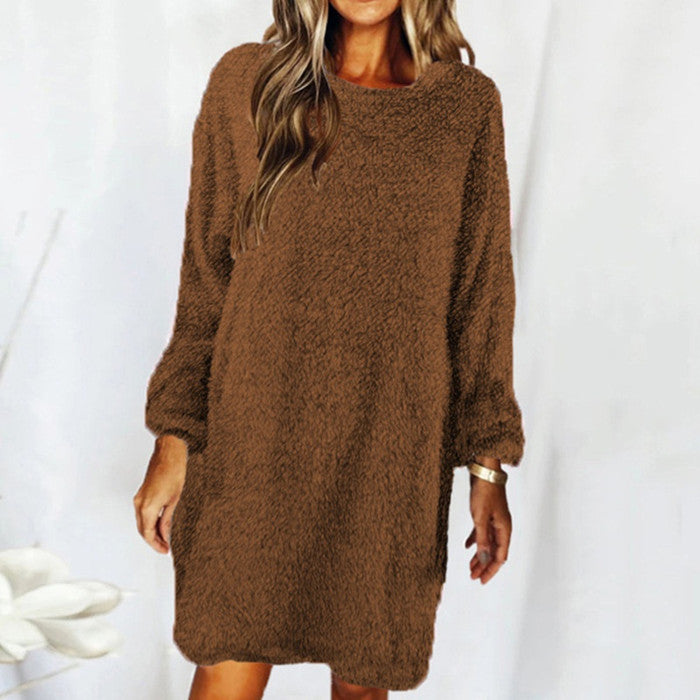 Plush Long Sleeve Round Neck Loose Dress