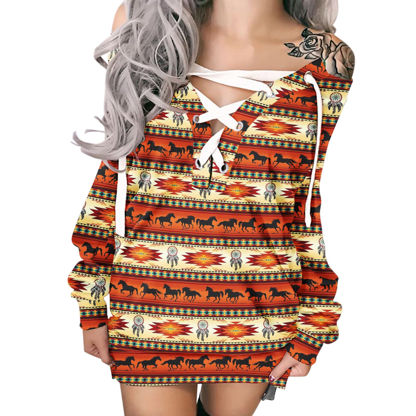 Lace-up Loose Print T-Shirt For Women
