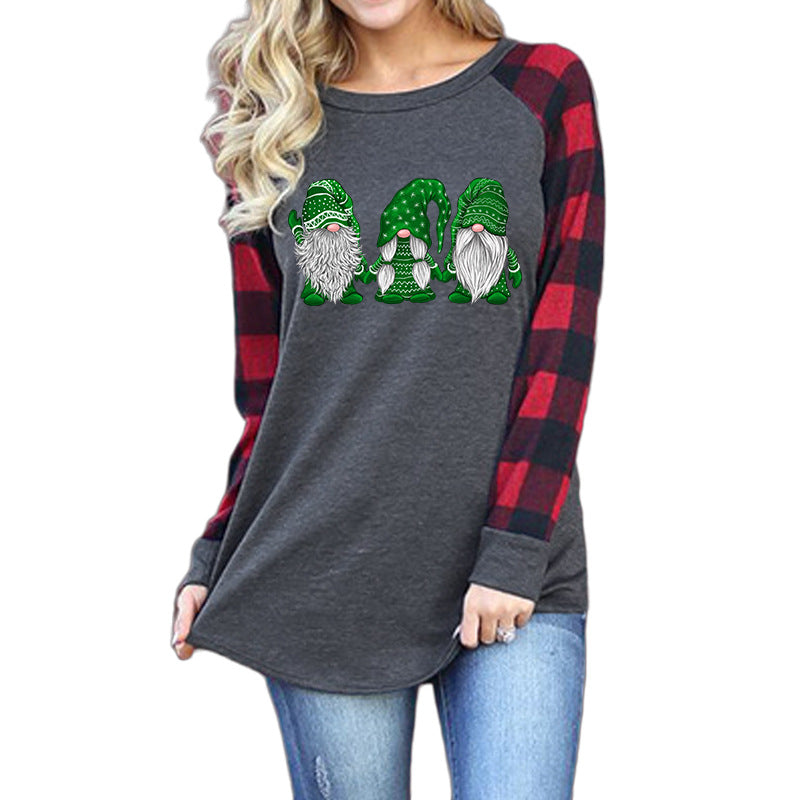 Woman Santa Print Round Neck Plaid Long Sleeve T-shirt