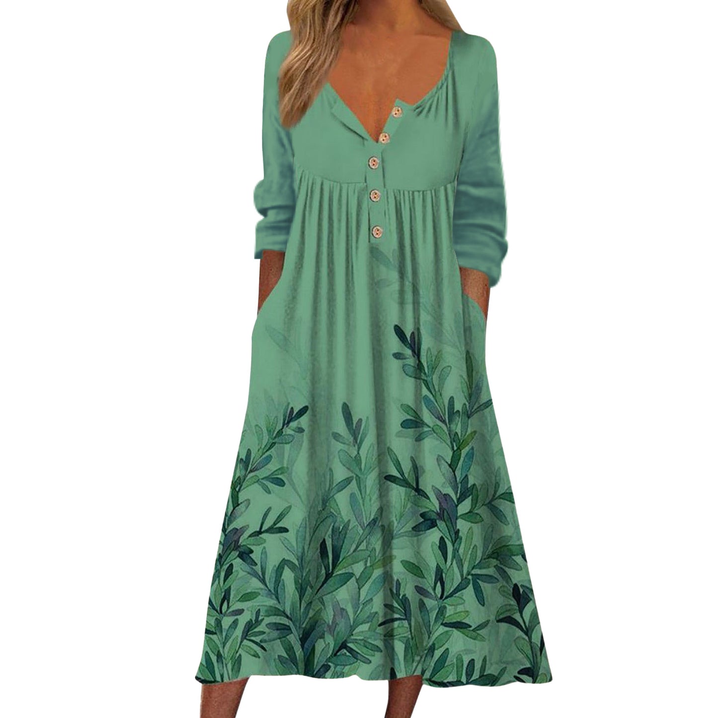 Women Long Sleeve V Neck Print Dress