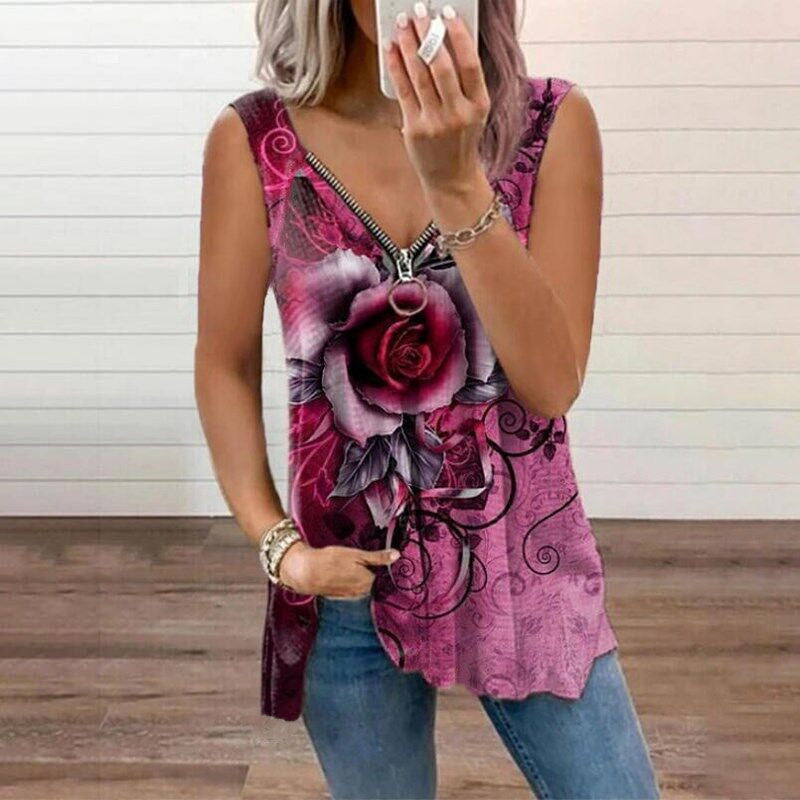 Women's V-Neck Zip Rose Print Casual Tank