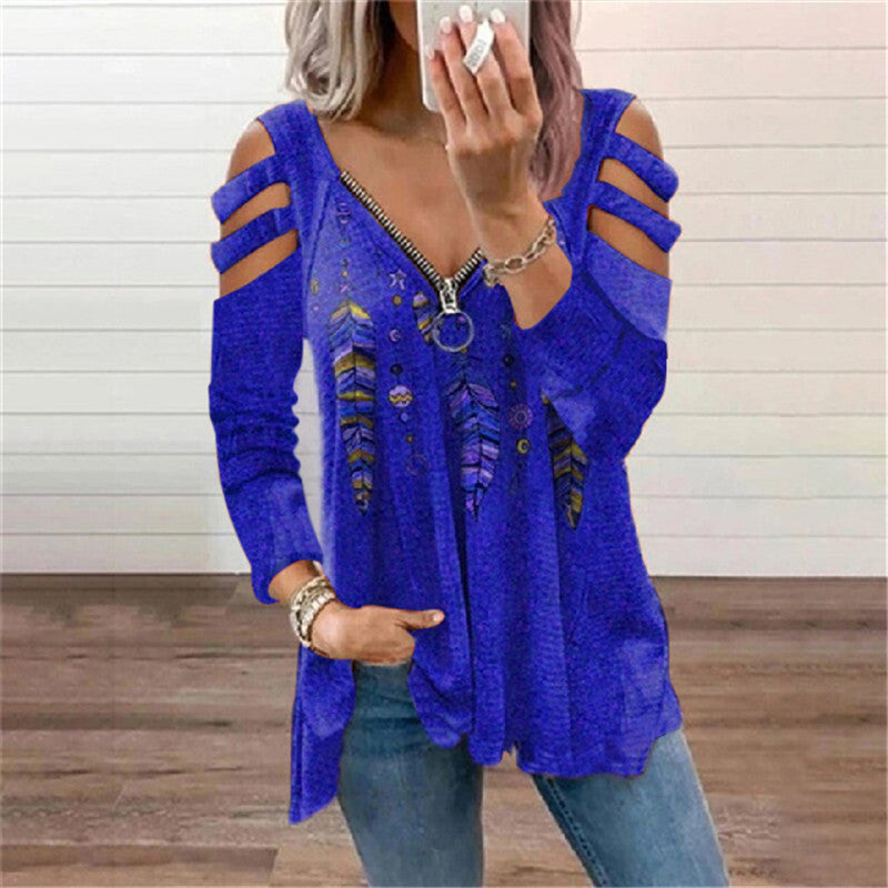 Women's Zip Pullover Long Sleeve Loose T-Shirt