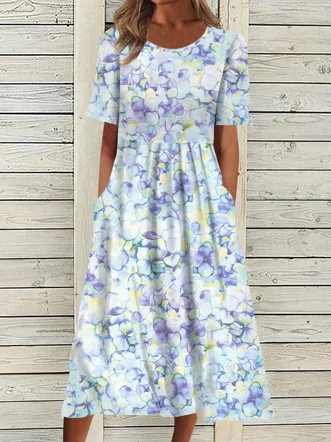 Women's Round Neck Pocket Short Sleeve Printed Dress
