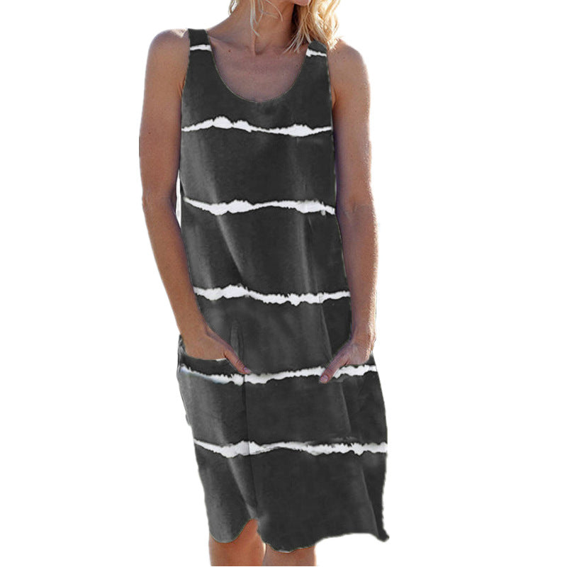 Crew Neck Striped Pocket Tank Dress