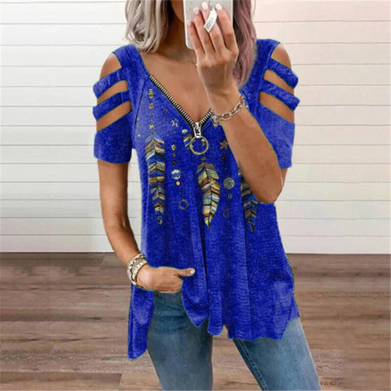 V-Neck Zip Pullover Print Short Sleeve Blouse