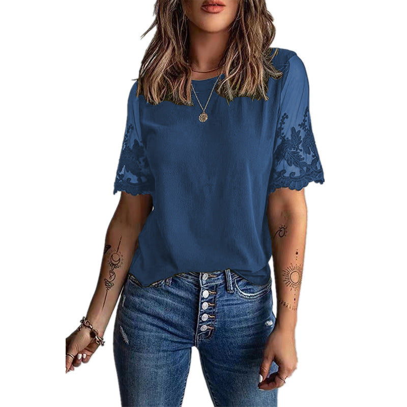 Women's Round Neck Short Sleeve Lace T-Shirt