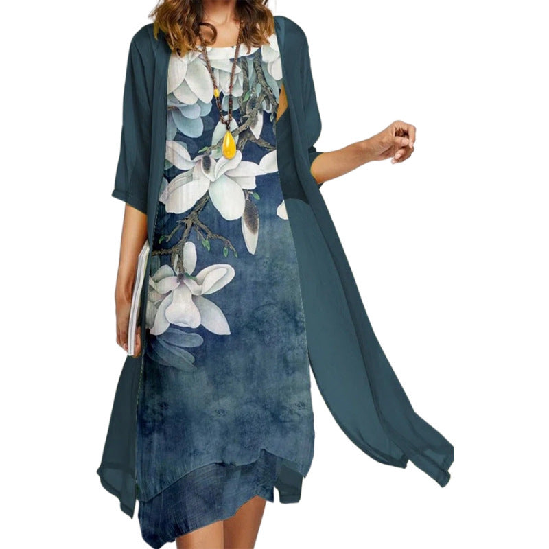 Women 2-Piece Printed Round Neck Slim Dress