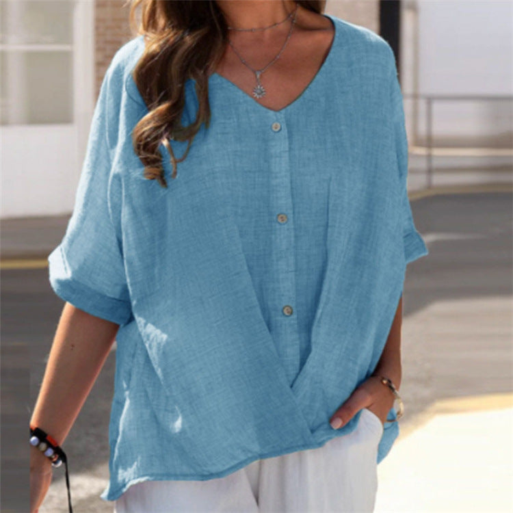 Women's V-Neck Pullover Short Sleeve Loose Blouses