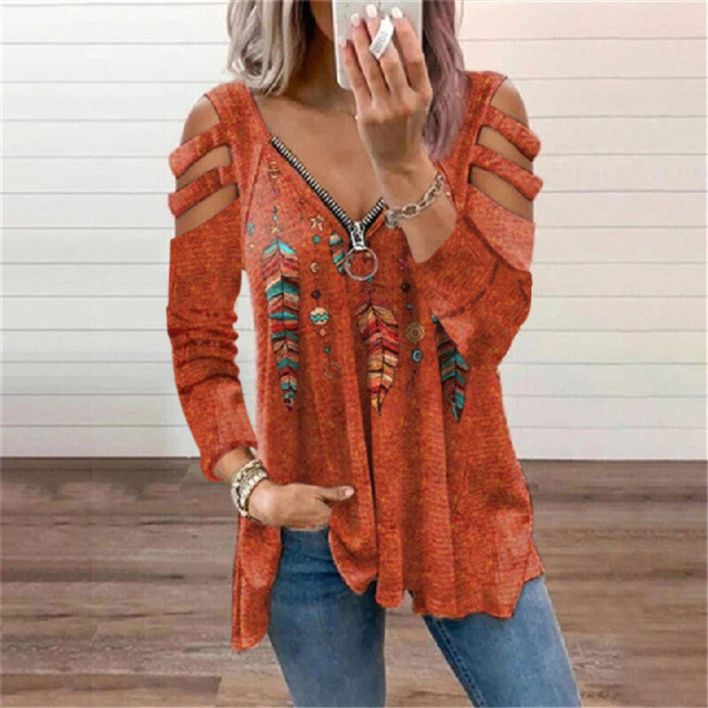 Women's Zip Pullover Long Sleeve Loose T-Shirt
