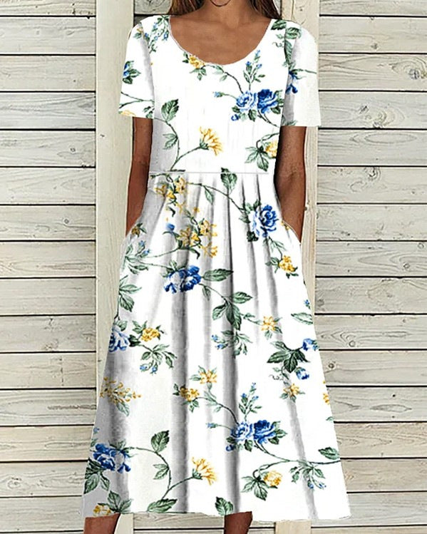 Women's Round Neck Pocket Short Sleeve Printed Dress