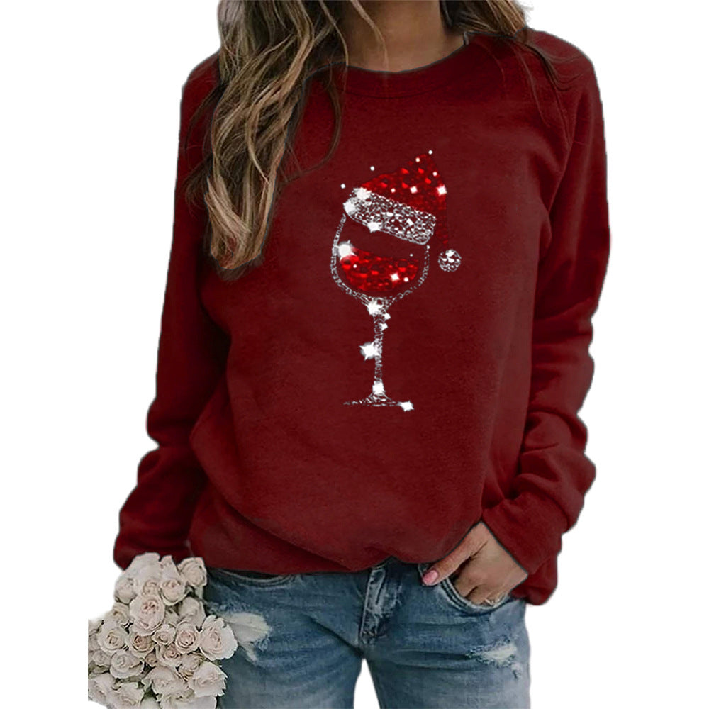 Woman Christmas Hat Red Wine Glass Print Long Sleeve Top