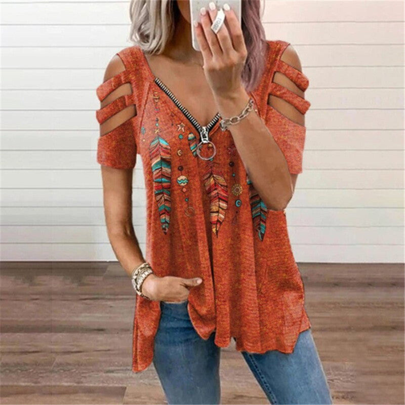 V-Neck Zip Pullover Print Short Sleeve Blouse