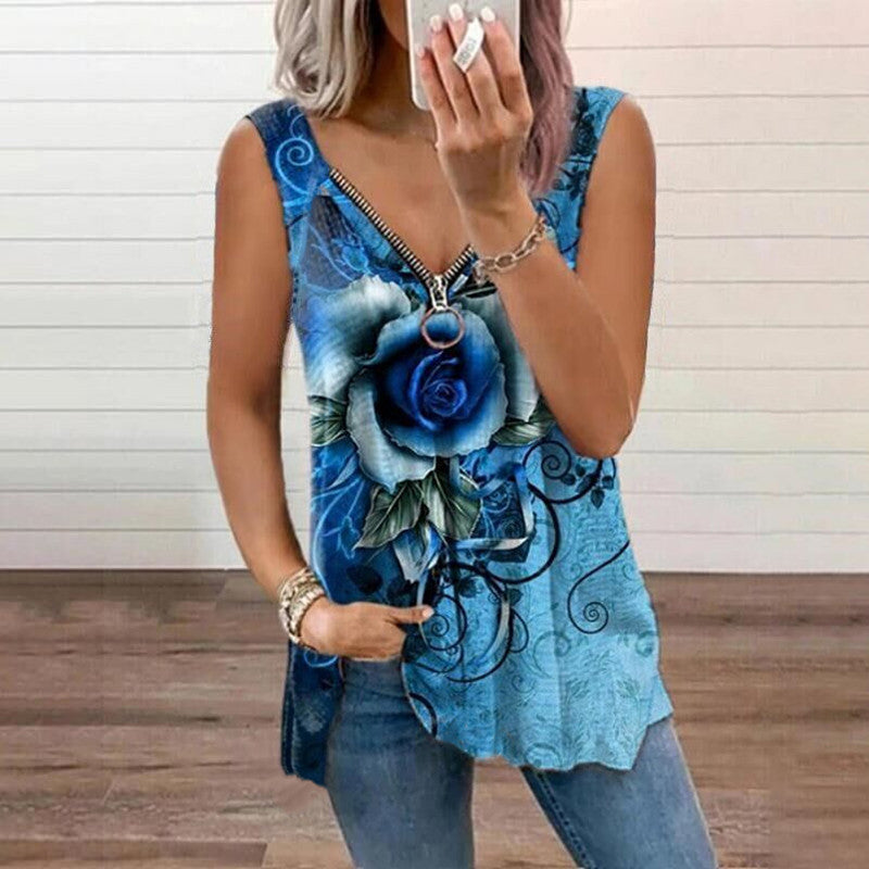 Women's V-Neck Zip Rose Print Casual Tank