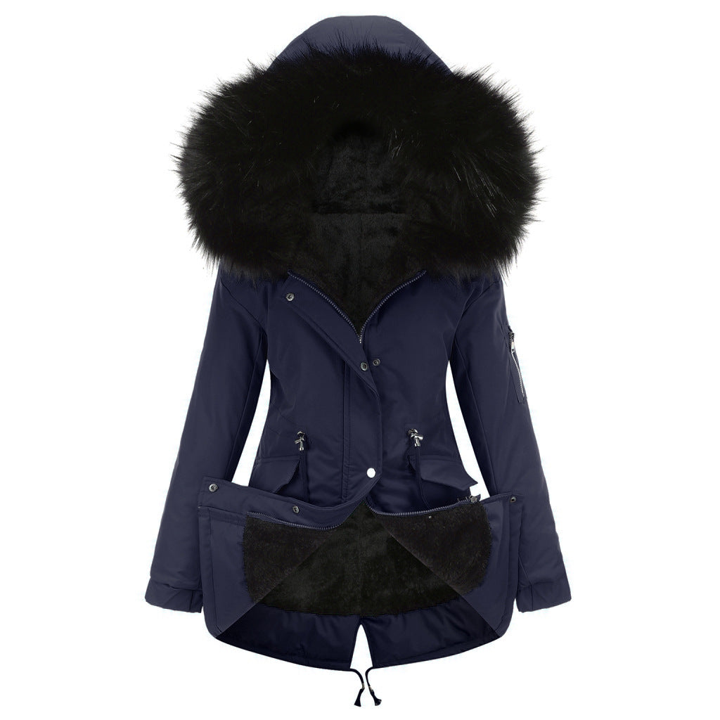 Women's Mid-length Hooded Fur Collar Warm And Fleece Coat
