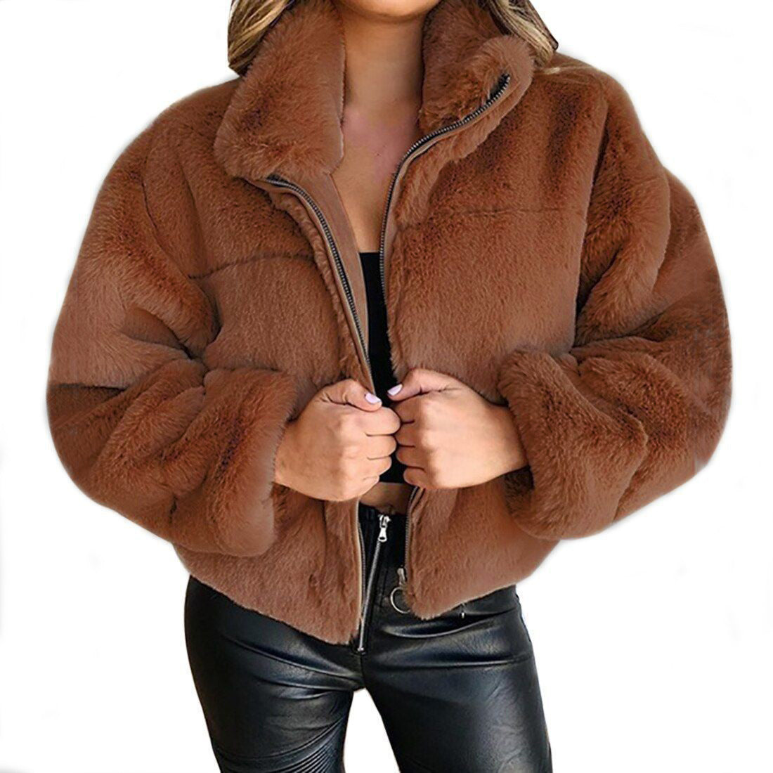 Women's Rabbit Fur Faux Fur Zipper Cardigan Warm Plush Jacket