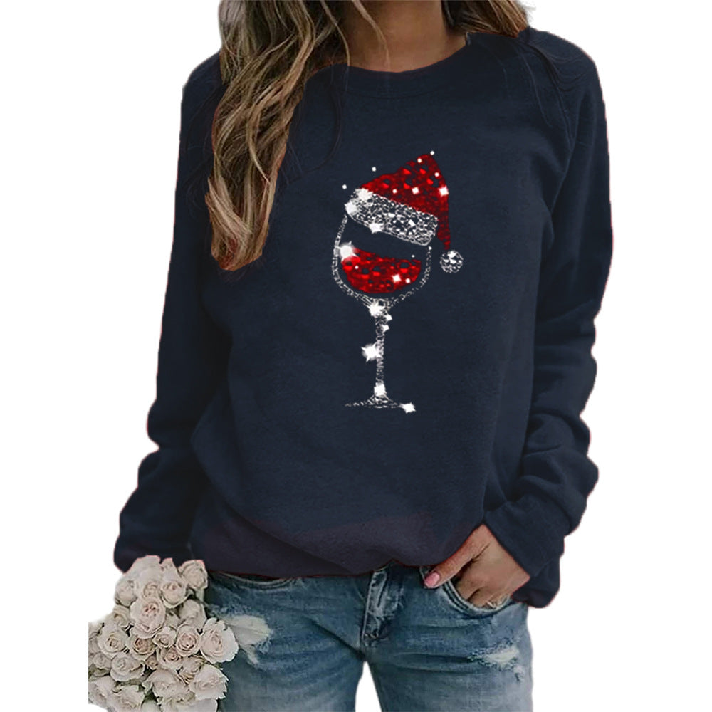 Woman Christmas Hat Red Wine Glass Print Long Sleeve Top