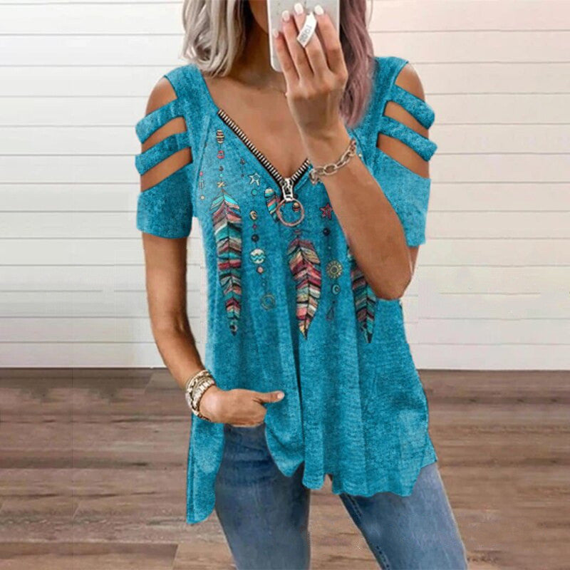 V-Neck Zip Pullover Print Short Sleeve Blouse
