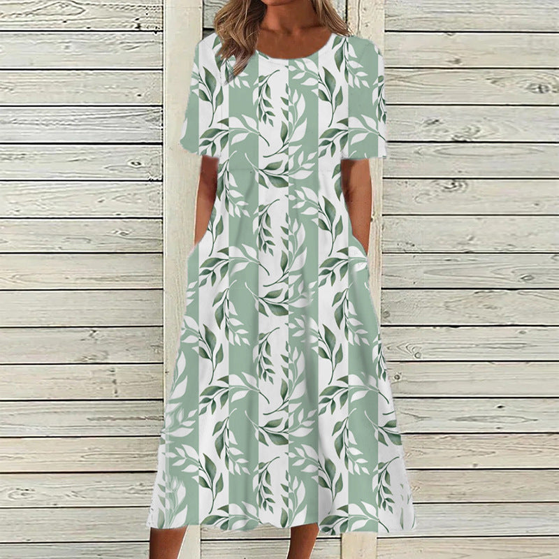 Women's Round Neck Pocket Short Sleeve Printed Dress