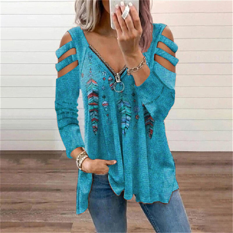 Women's Zip Pullover Long Sleeve Loose T-Shirt