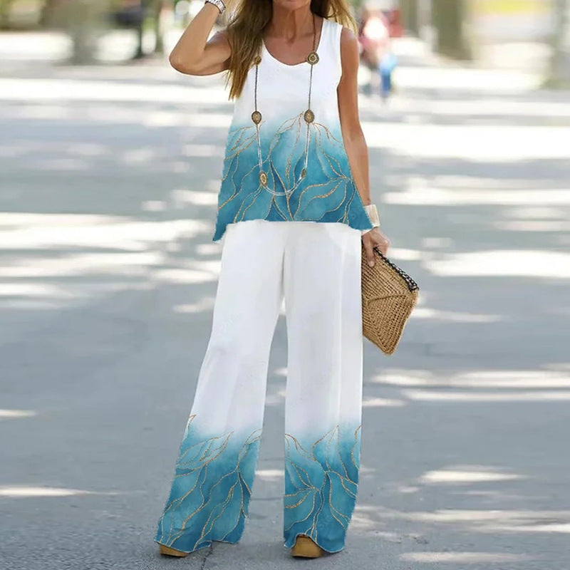 Women's Printed Vest Pants Two Piece Suit