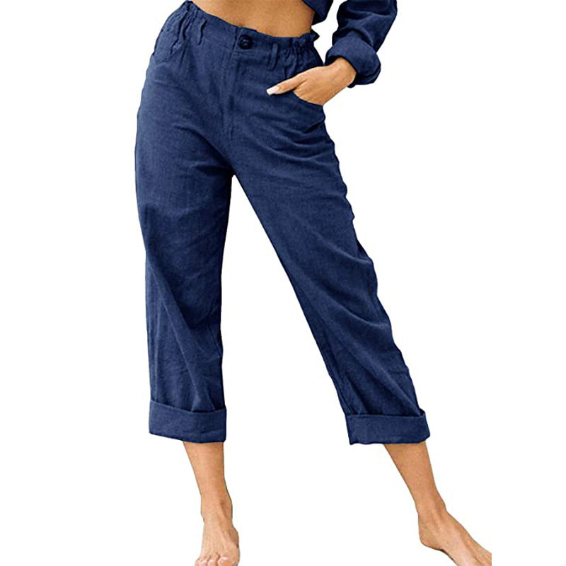 Women's Cotton Linen Casual Solid Color Trousers