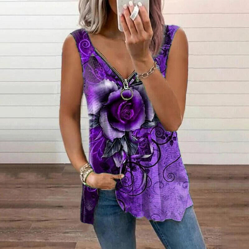 Women's V-Neck Zip Rose Print Casual Tank