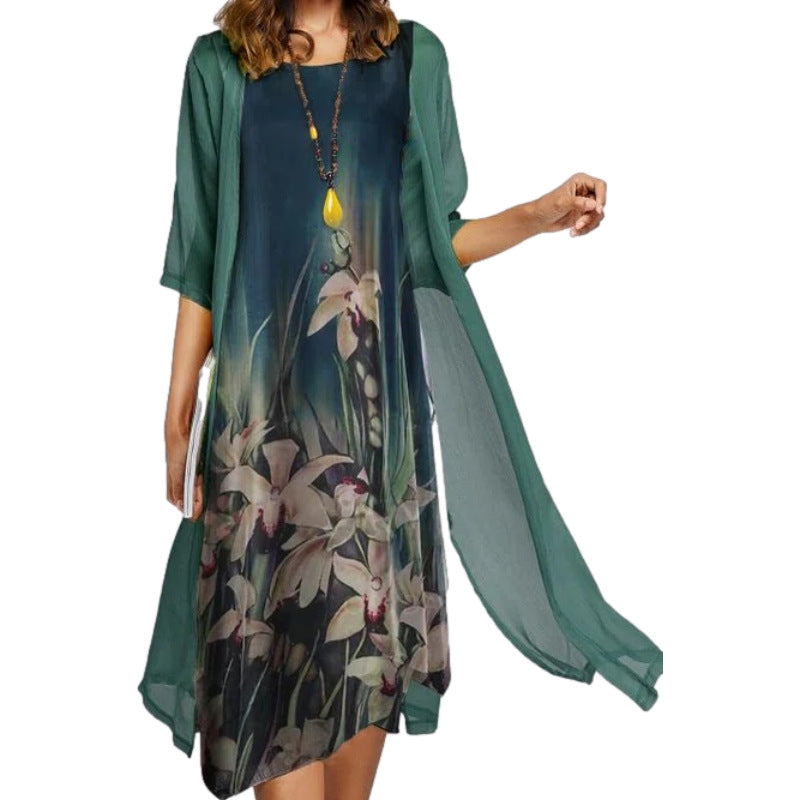 Women 2-Piece Printed Round Neck Slim Dress