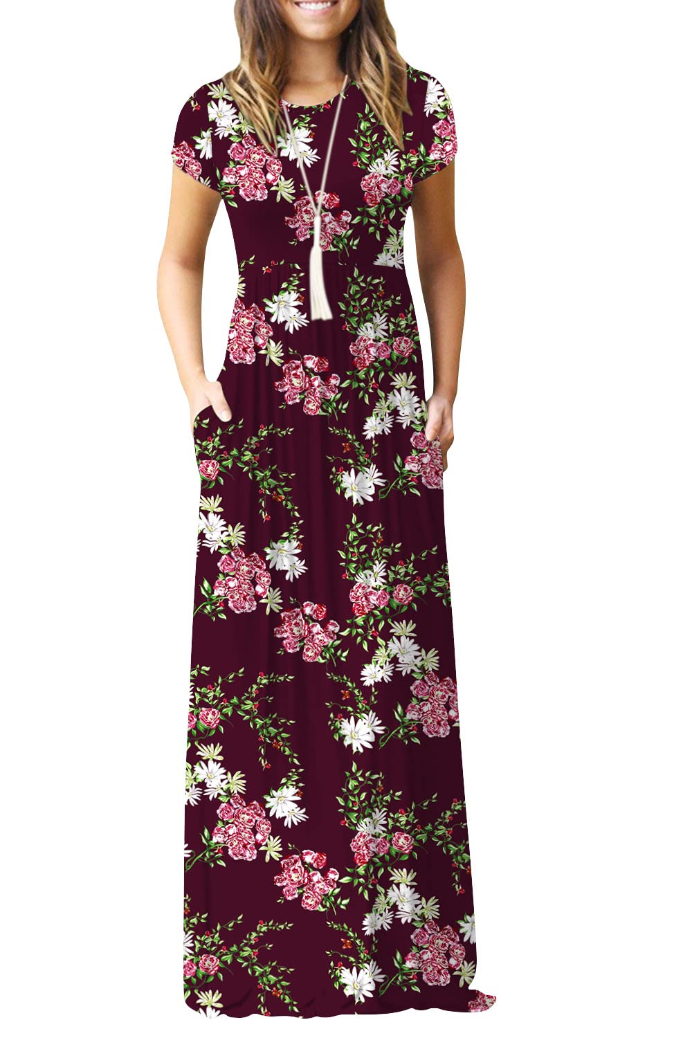 Women Round Neck Pocket Short Sleeve Casual Dress