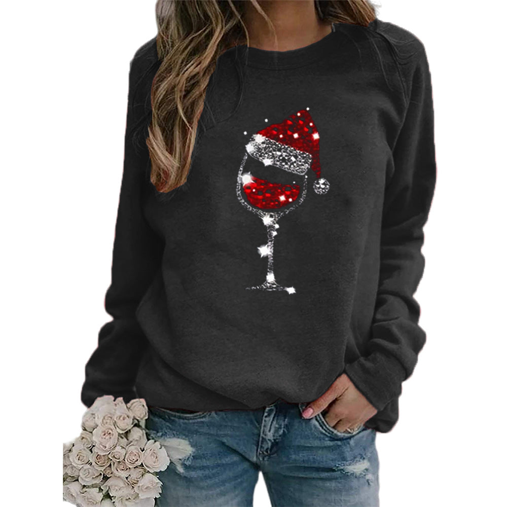 Woman Christmas Hat Red Wine Glass Print Long Sleeve Top
