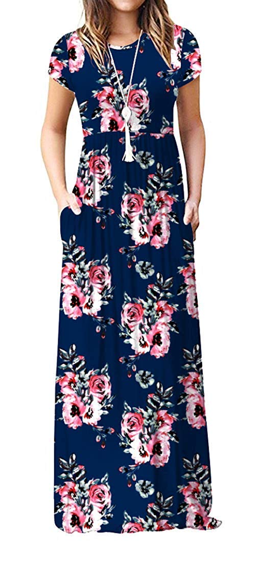 Women Round Neck Pocket Short Sleeve Casual Dress