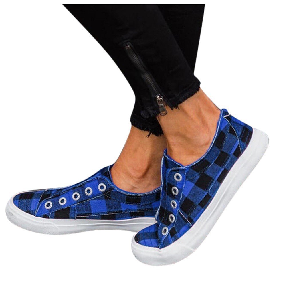 Women's Plaid Slip-On Round Toe Flat Sneakers Shoes