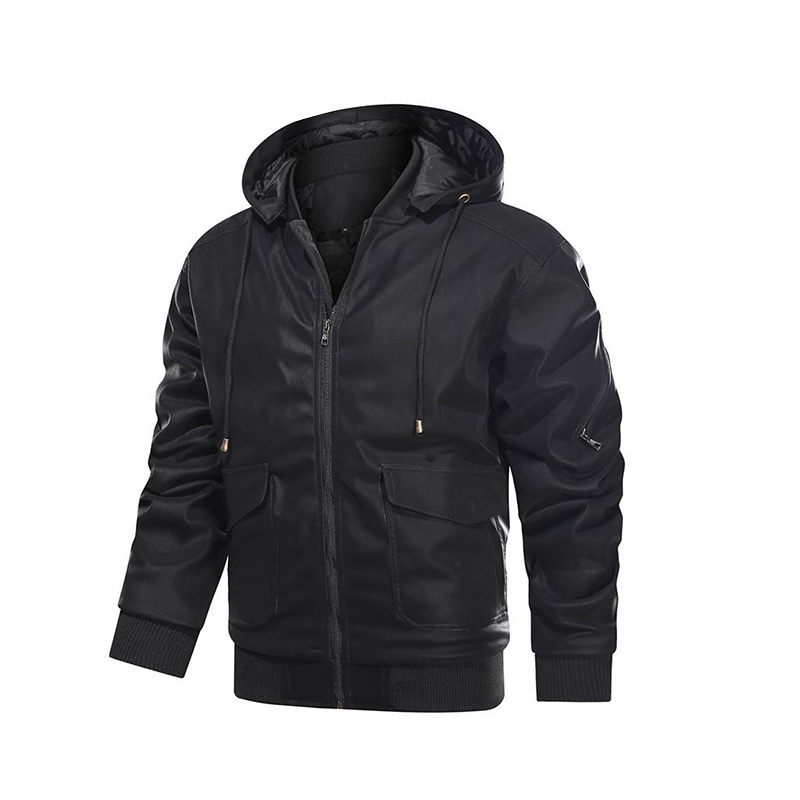 Men's Lined Plush Hooded Leather Jacket