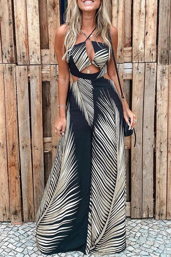 Women's Tropical Palm Leaf Print Cutout Elastic Waist Flare Jumpsuit