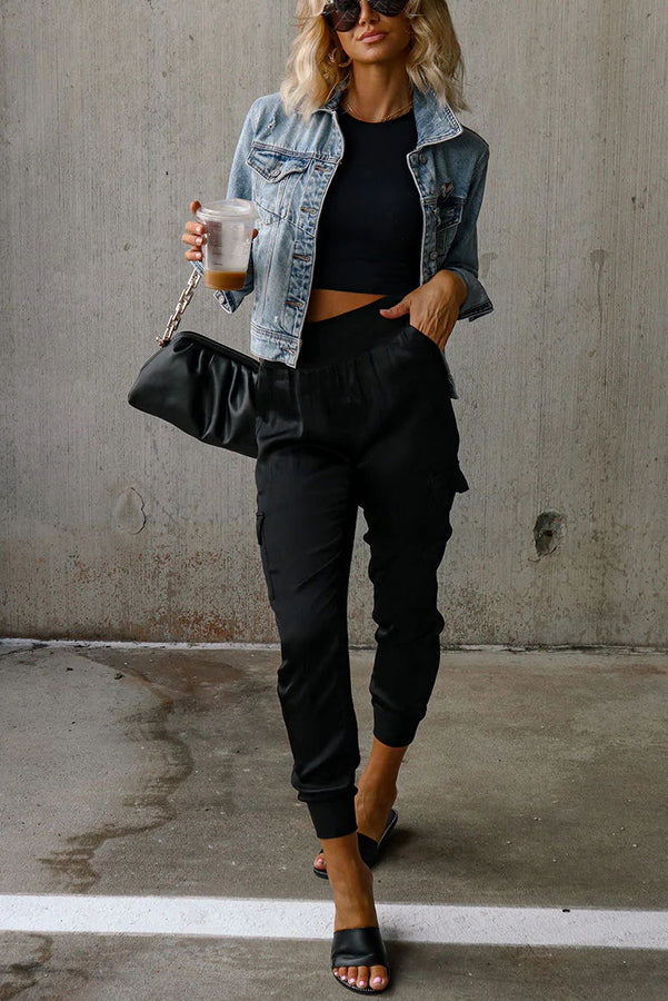 Women's Satin High Waist Pocket Jogging Pants