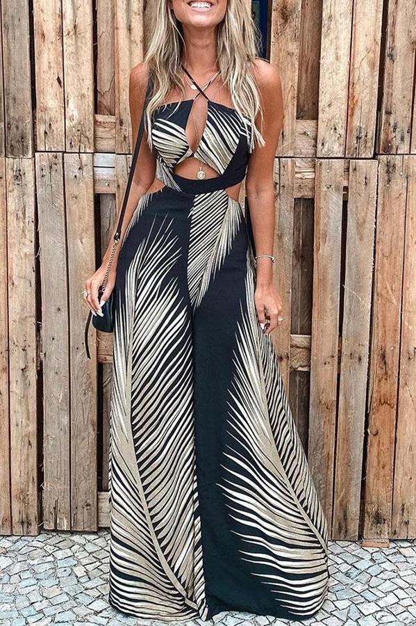 Women's Tropical Palm Leaf Print Cutout Elastic Waist Flare Jumpsuit