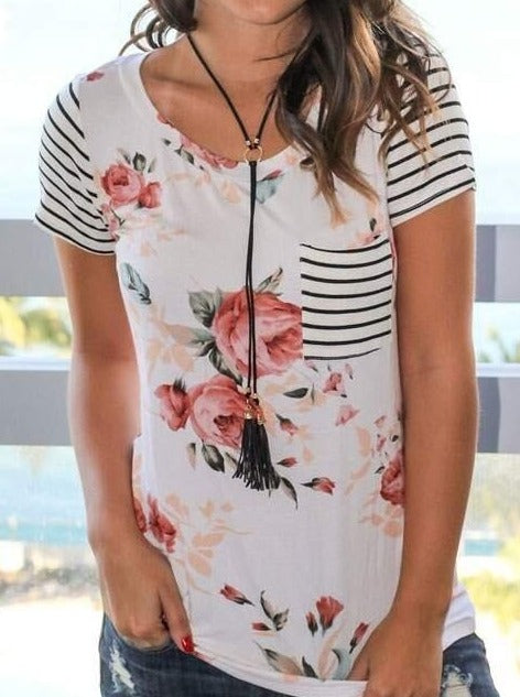 Women's T-Shirt Floral Striped Splicing Pocket Casual Tee