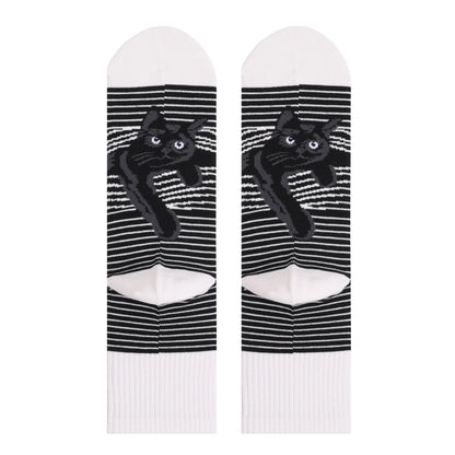 Unisex Black And White Striped Cat Print Socks