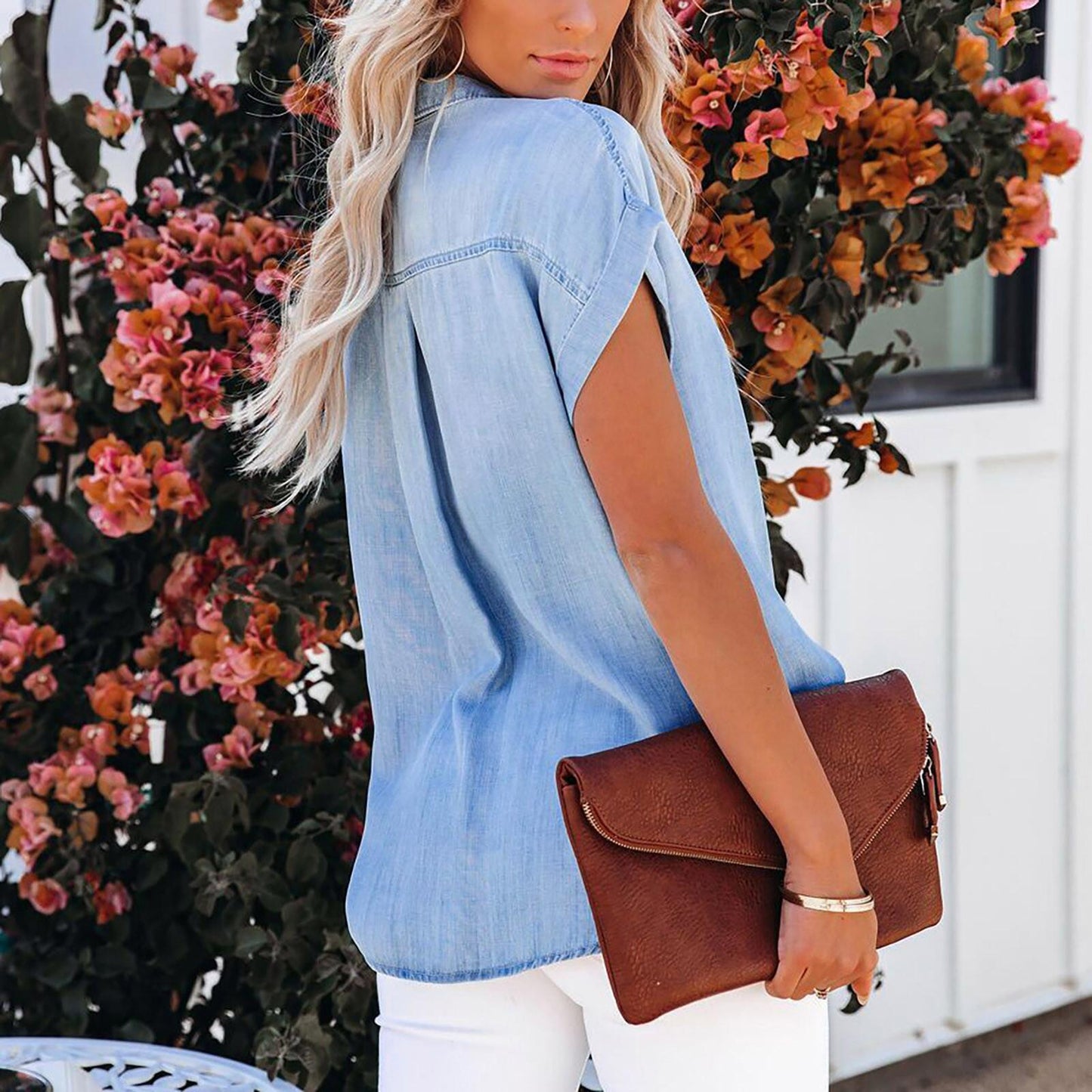 Women's Denim Short Sleeve Blouse